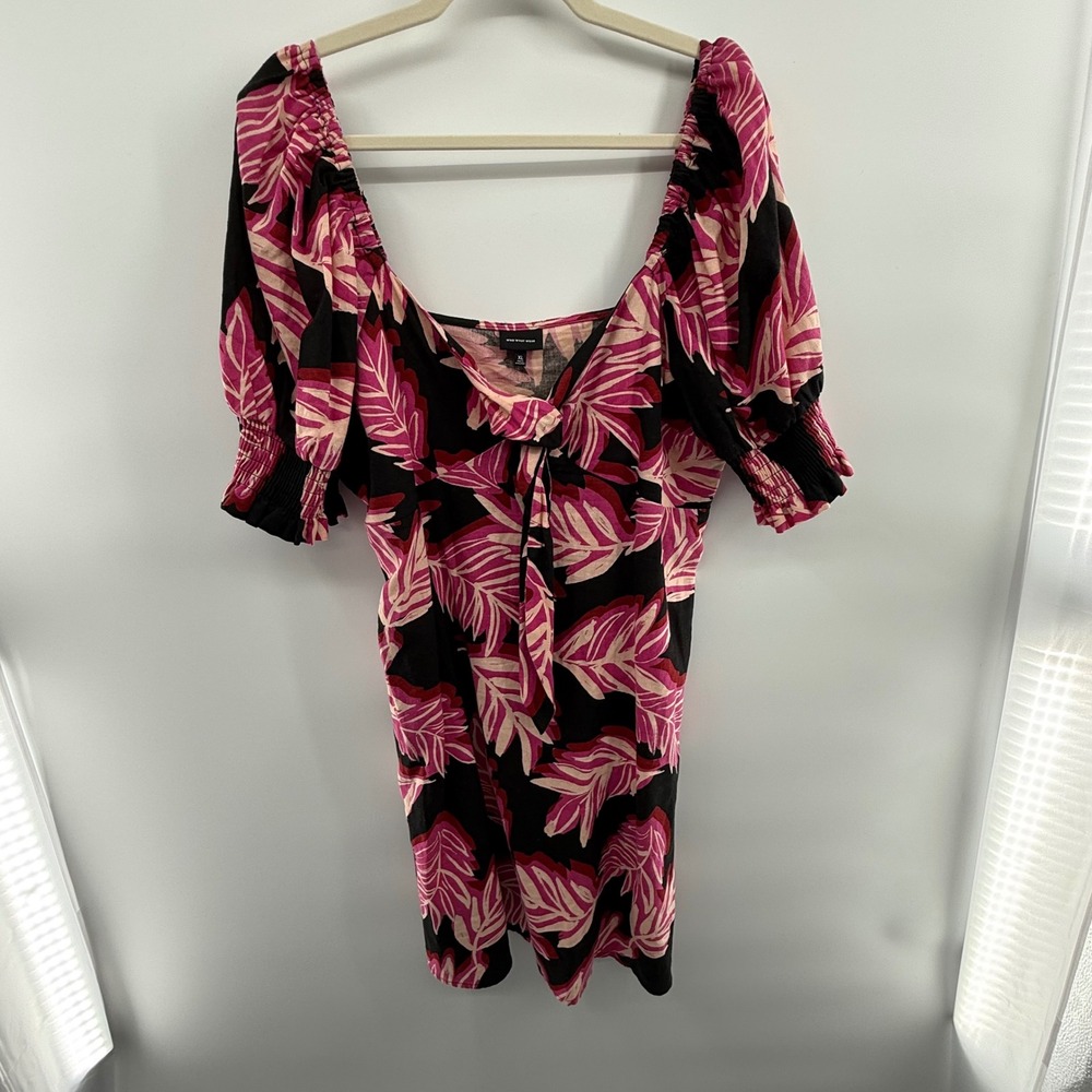 Who What Wear Pink Leaf Print‎ Puff Sleeve Dress XL Square Neck Tie Front